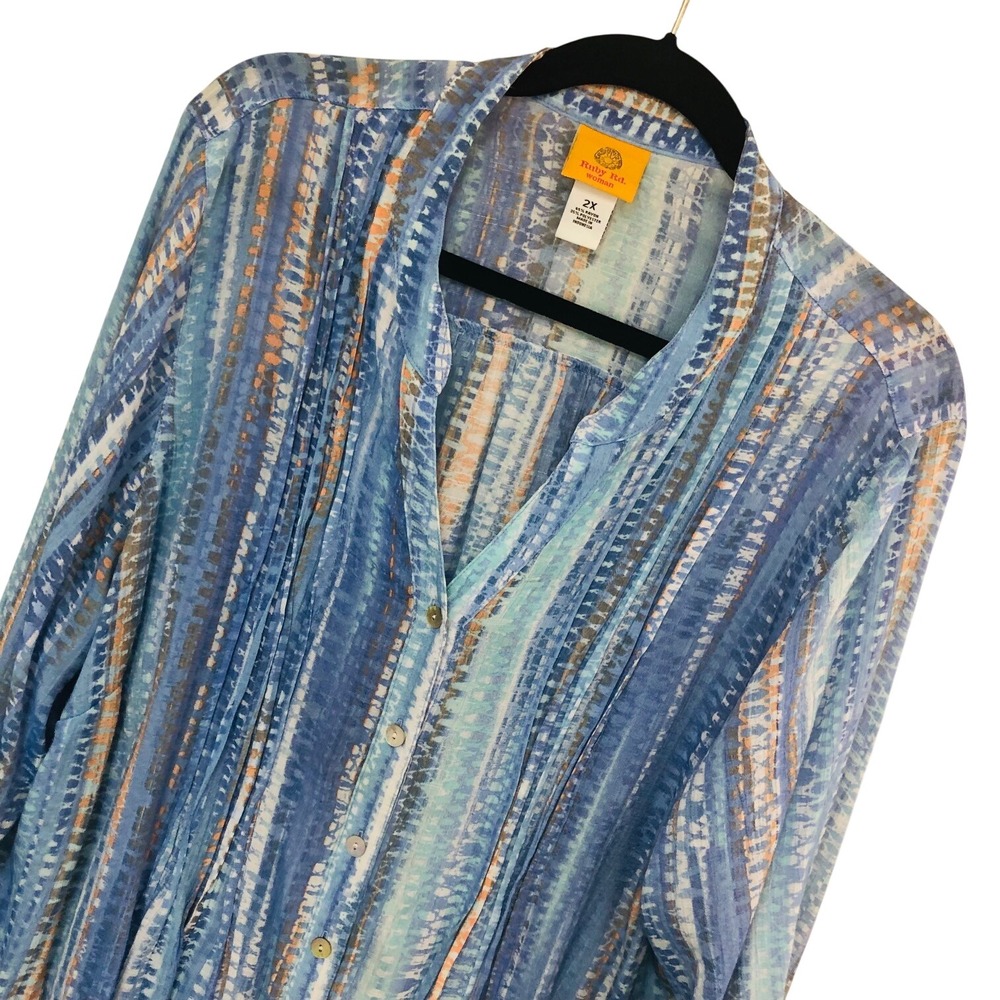 Ruby Rd Blue Pintuck Blouse Roll Tab Abstract Stripe Artsy Beachy Womens 2X